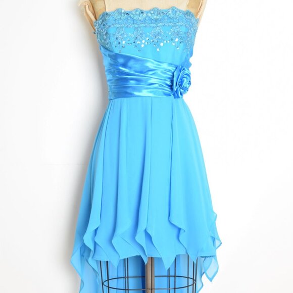 vintage Y2K prom party dress blue flutter fairy hi-lo short mini sequin Deb M - Picture 2 of 9